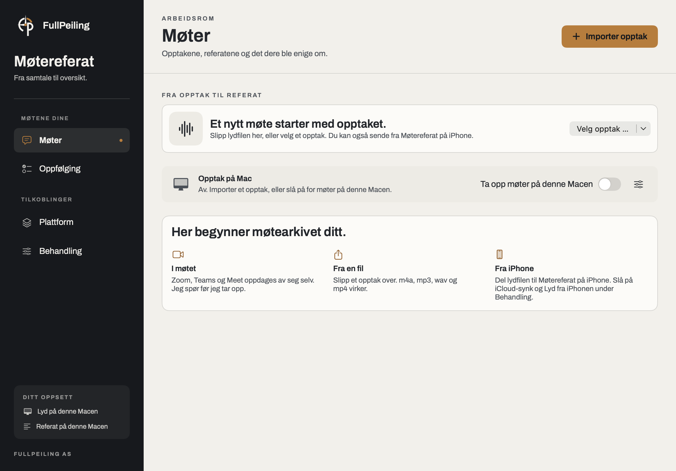 Møtereferat på Mac i FullPeiling-design, med Møter, Oppfølging, Plattform og Behandling. Tomt eksempelarkiv.